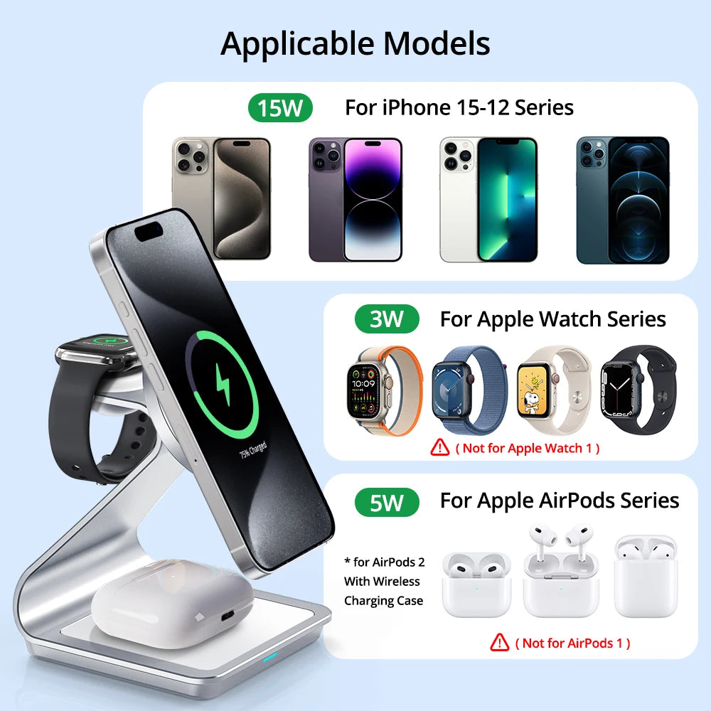 Bonola Magnetic 3 in 1 Charger Metal Stand for iPhone 14/15/16/17 Pro Fast Wireless Charging Desk Holder for Apple Watch/AirPods