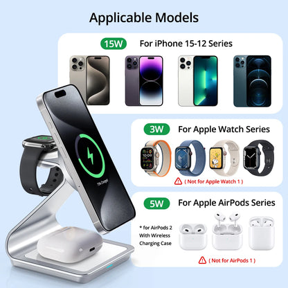 Bonola Magnetic 3 in 1 Charger Metal Stand for iPhone 14/15/16/17 Pro Fast Wireless Charging Desk Holder for Apple Watch/AirPods