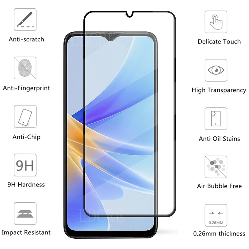 6-in-1 For OPPO A17 Glass For OPPO A17 Tempered Glass HD 9H Full Cover Glue Screen Protector For OPPO A 17 A17 Lens Glass 6.56"