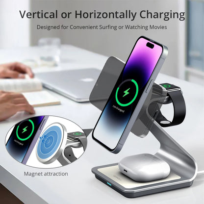 Bonola Magnetic 3 in 1 Charger Metal Stand for iPhone 14/15/16/17 Pro Fast Wireless Charging Desk Holder for Apple Watch/AirPods