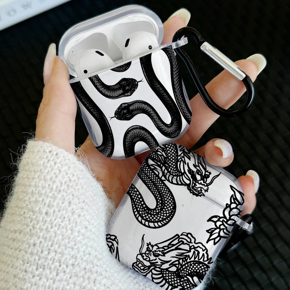 Simple Black Snake Design Case For AirPods 4 3 1 2 Gen TPU Earbuds Case For AirPods Pro 2/Pro Cover with Keychain Accessory