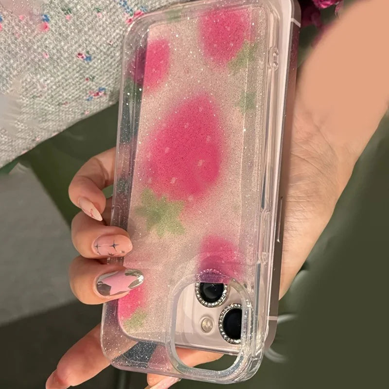 Cute Glitter Strawberry Clear Phone Case For iPhone 17 16 15 14 13 12 11 Pro Max 16E XS X XR 7 8 Plus Lovely Bwoknot Soft Cover