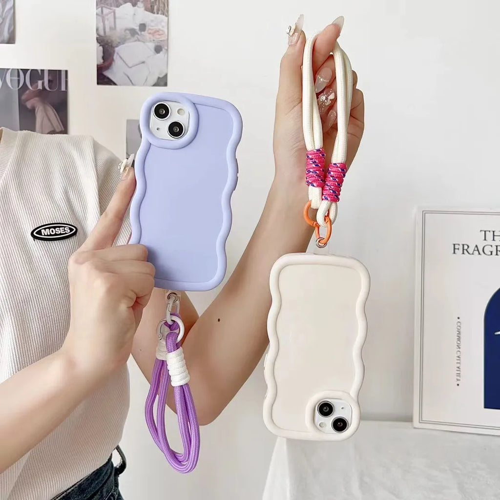 S24FE Cute Pure Color Wave l Hand Strap Case For Samsung S23FE S24 S24U S23 S22S21FE S20FE M55 M54 Bumper Shockproof Cover