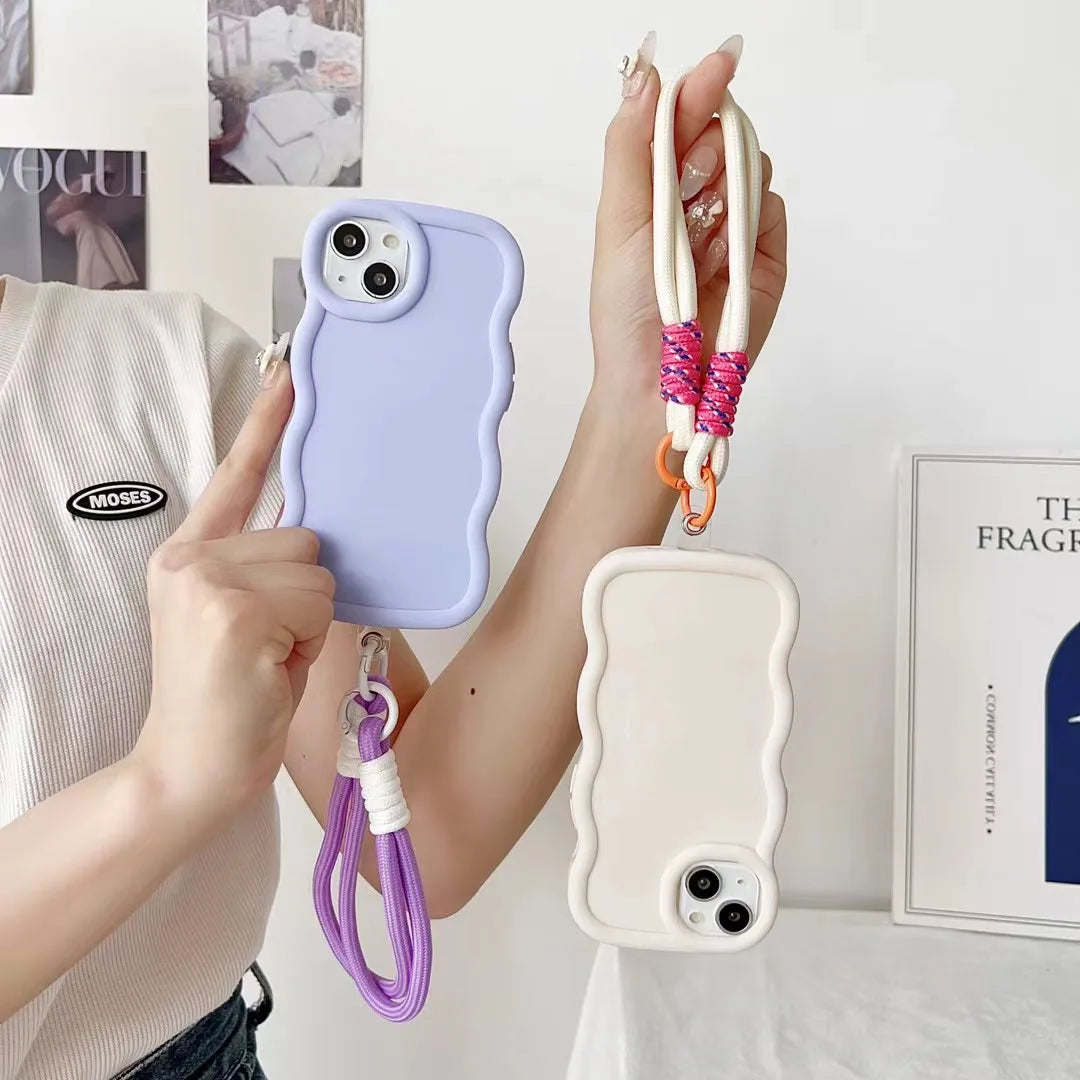 S24FE Cute Pure Color Wave l Hand Strap Case For Samsung S23FE S24 S24U S23 S22S21FE S20FE M55 M54 Bumper Shockproof Cover