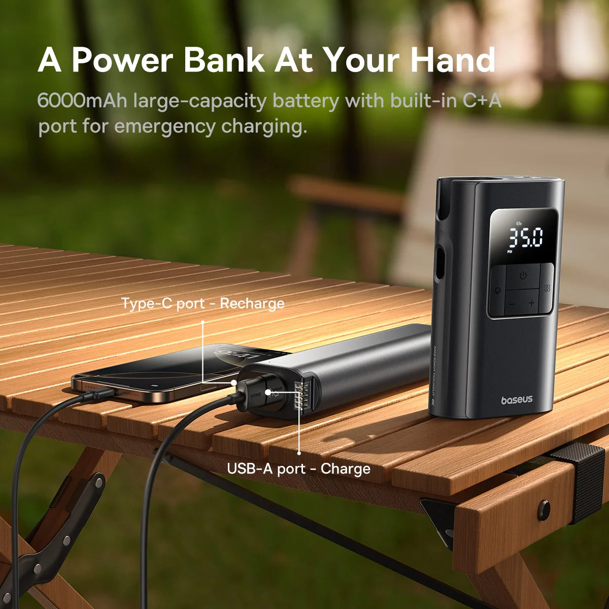 Baseus 2 in 1 Car Air Pump Wired/Wireless Car Air Compressor Dethable Flashlight 6000mAh Portable Tire Inflator Pump for Car