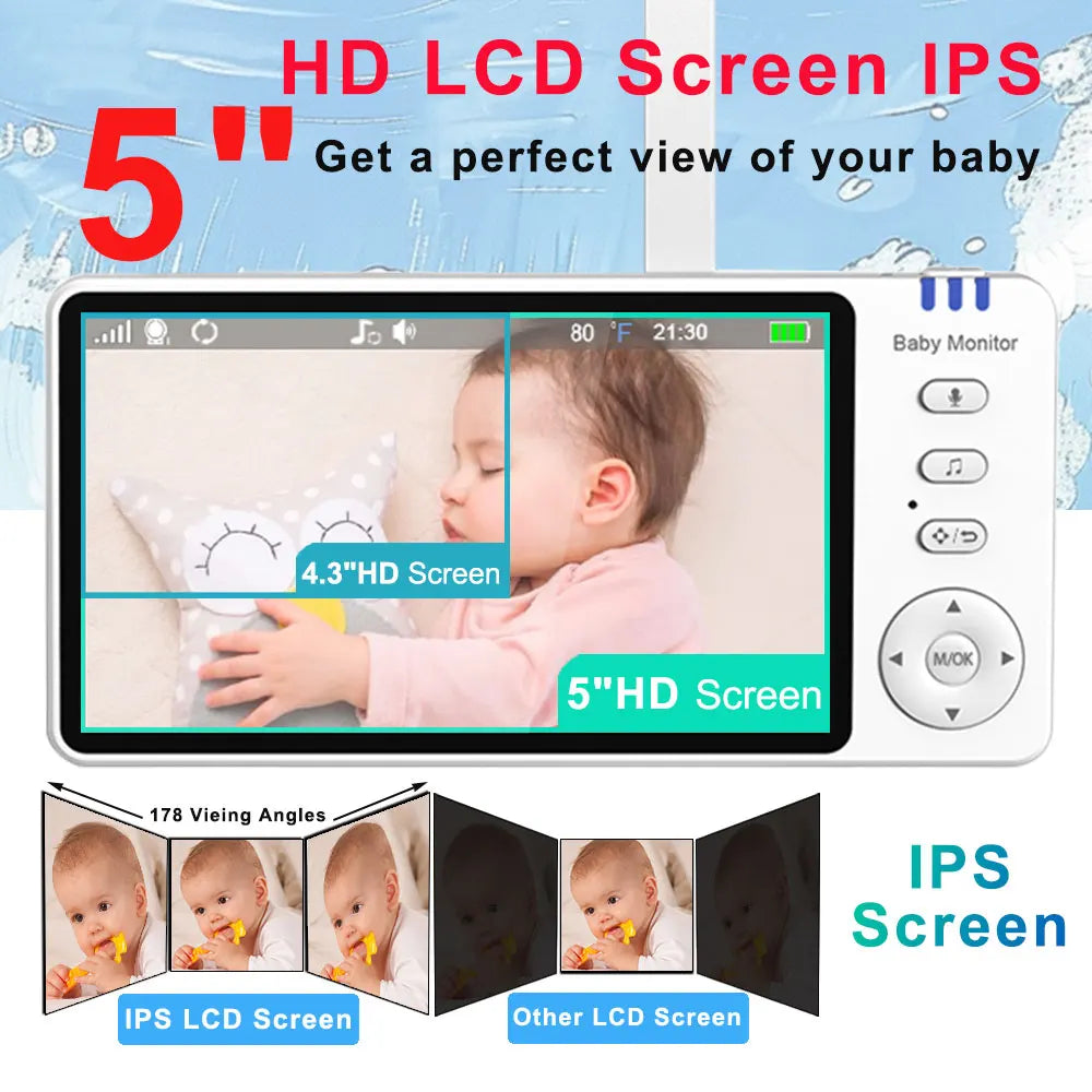 Baby Monitor 5"IPS Video With Pan Tilt Child Camera Wireless 2-Way Audio Night Vision Security Babysitter VOX Wake Up USB Charge