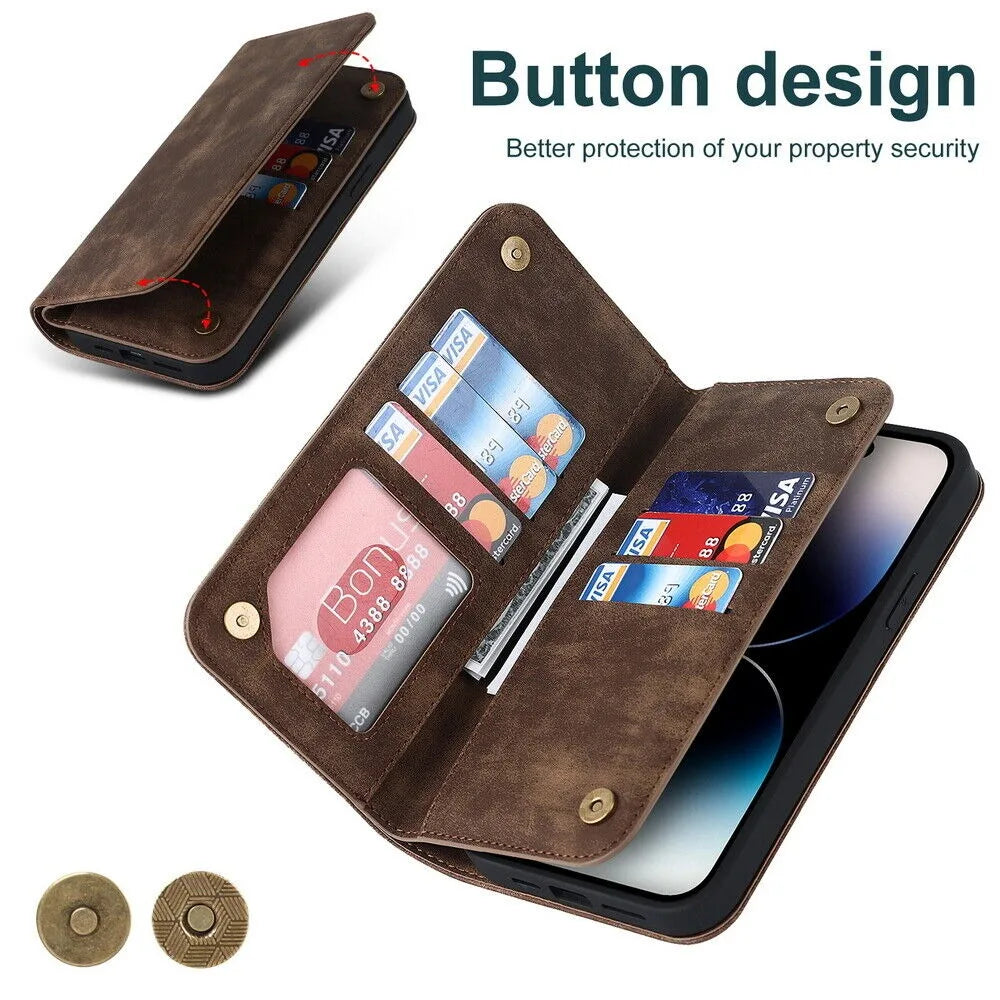 For iPhone 12 13 14 15 Pro Max 14 Plus 13Mini Flip Leather Wallet Card Slot MagSafe Charging Case Cover