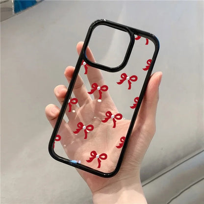 Fashionable Red Pink Bow Phone Case For IPhone 16 15 Pro Max Plus 14 13 12 11 Pro Max XR X XS Max 7 8 Plus SE Clear Cover Case
