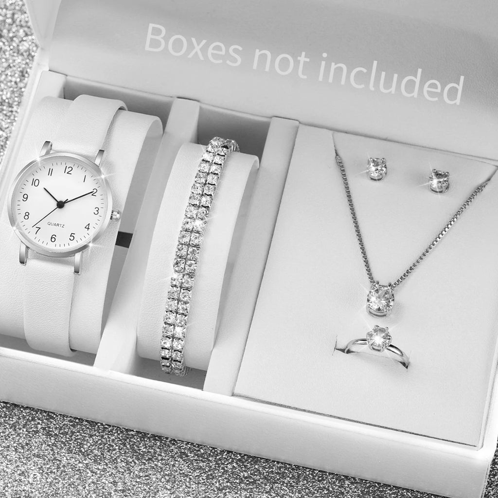 5/6PCS Fashion Women's Quartz Watch Leather Band Analog Quartz Watches with Diamond Jewelry (Without Box)