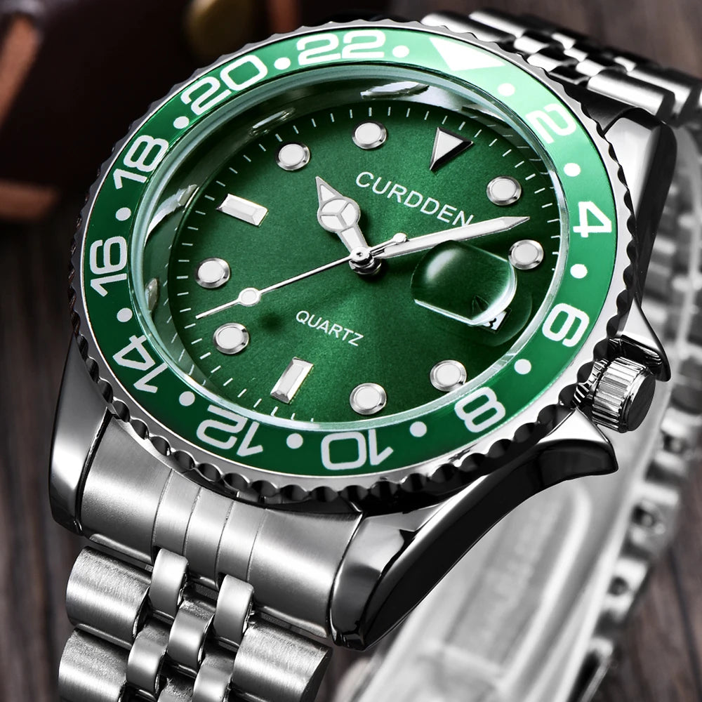 Men Famous Brand Watches Students Boys Fashion Stainless Steel Band Casual Calendar Quartz Watch Green Relogios Masculinos 2024