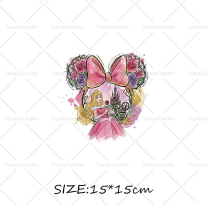 Mouse Head Princess Iron on Transfers for Clothes Heat Press Stickers Thermal Patches on Tees