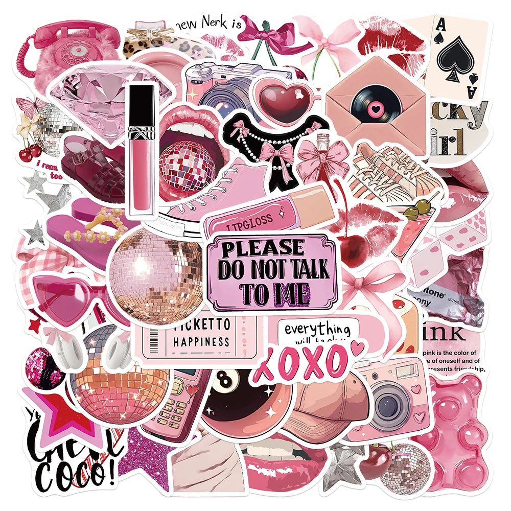 55pcs Pink Y2K Girl Stickers Waterproof PVC Gift Cartoon Decorations Scrapbook Notebook Bag Water Bottle Phone Case DIY Stickers