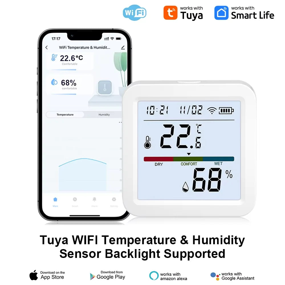 ONENUO Smart WIFI Temperature Humidity Sensor Hygrometer Thermometer Tuya Smart  APP Remote Moniter Support Alexa Assistant