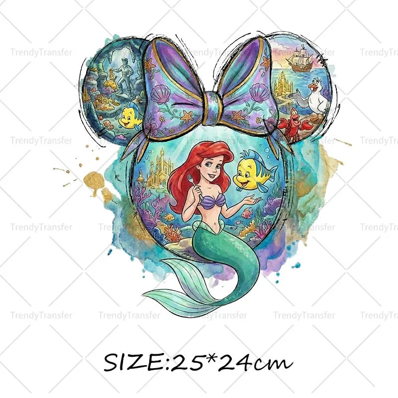 Mouse Head Princess Iron on Transfers for Clothes Heat Press Stickers Thermal Patches on Tees