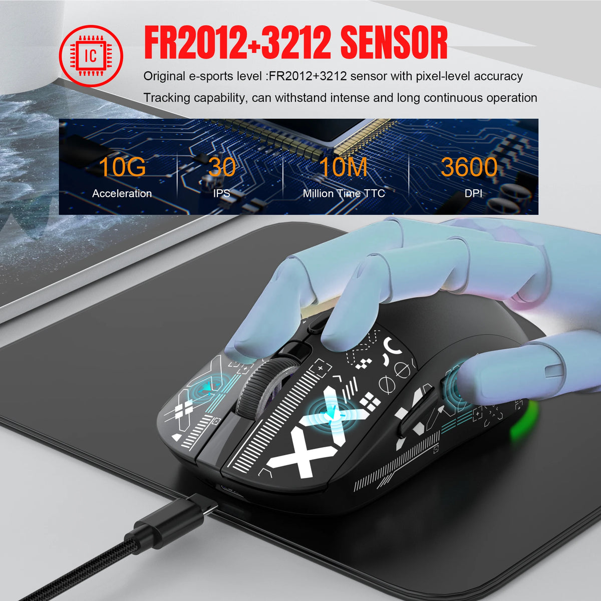 T90 Wireless Bluetooth Mouse RGB (BT1/BT2+ USB) 2.4GHz Rechargeable Silent Bluetooth Wireless Mouse with Type C Adapter