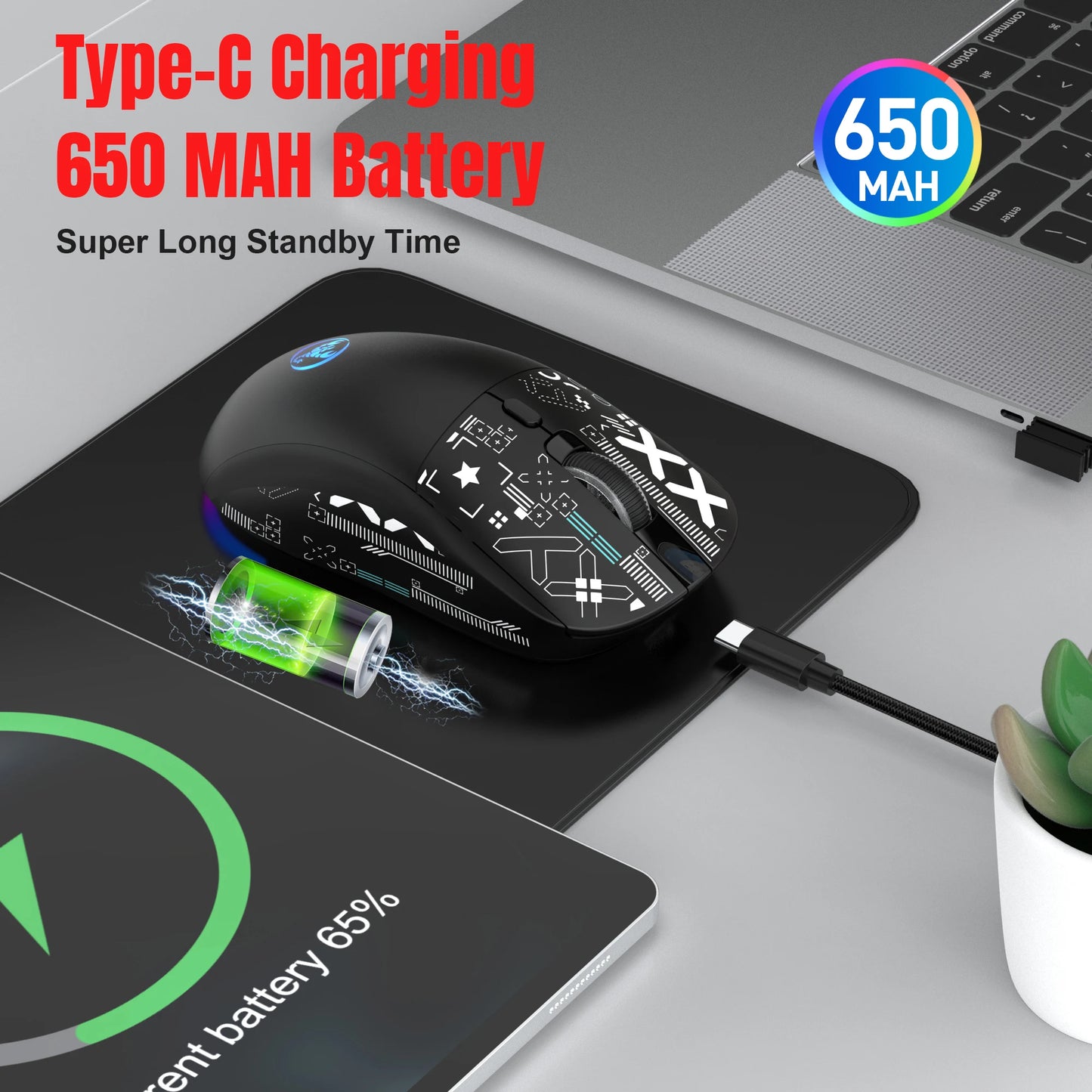 T90 Wireless Bluetooth Mouse RGB (BT1/BT2+ USB) 2.4GHz Rechargeable Silent Bluetooth Wireless Mouse with Type C Adapter