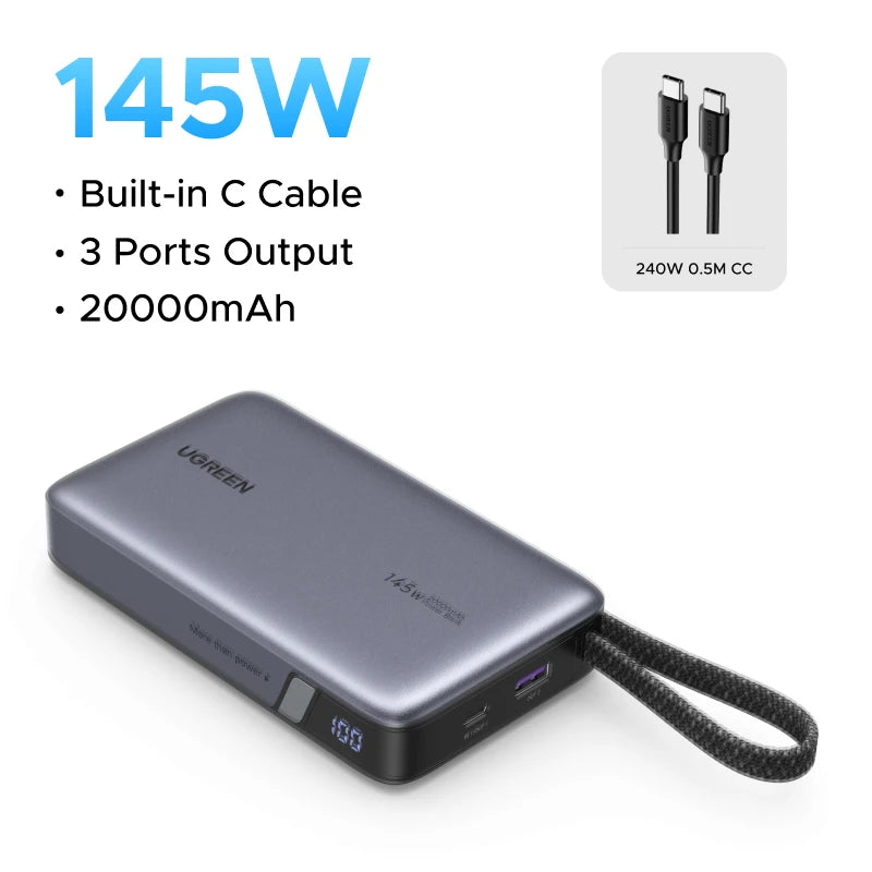 UGREEN 145W Power Bank 20000mah Built-in Type C Cable PD3.0 100W Portable Laptop Charger External Battery
