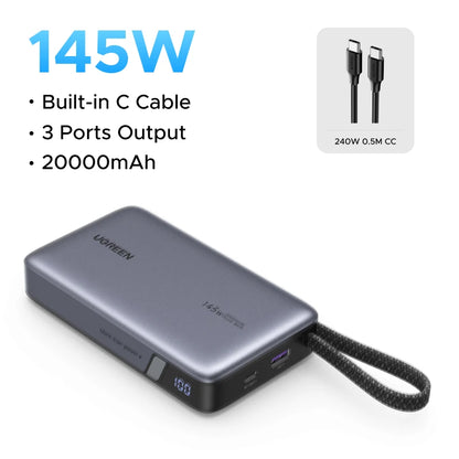 UGREEN 145W Power Bank 20000mah Built-in Type C Cable PD3.0 100W Portable Laptop Charger External Battery