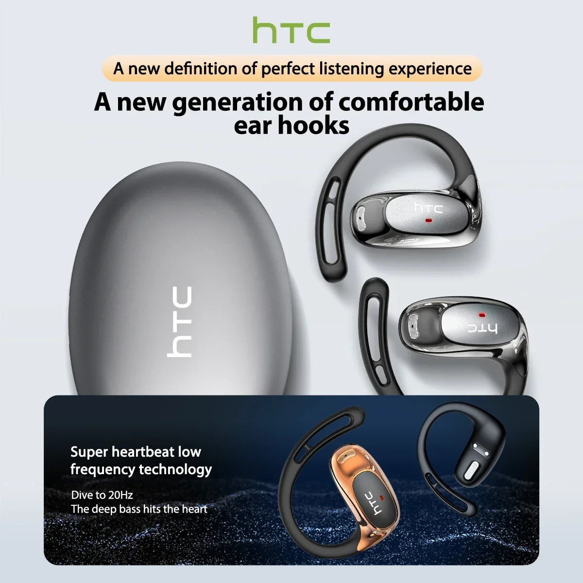 HTC NE35  Wireless Headphones OWS Bluetooth V6.0 Earphones with Mic HD Call Bass Longlife Sports Earhook AI Translator Earbuds