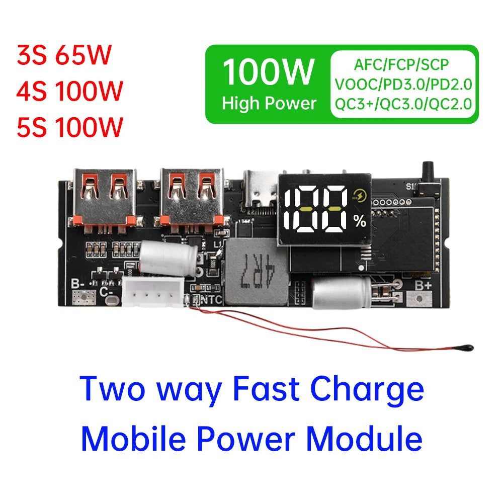QC3.0 PD2.0 LED 4 Port USB 3S 4S 5S 65W 100W Micro/Type-C USB Mobile Power Bank 18650 Charging Module Circuit Protection