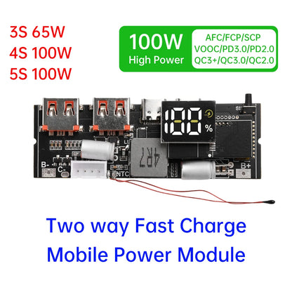 QC3.0 PD2.0 LED 4 Port USB 3S 4S 5S 65W 100W Micro/Type-C USB Mobile Power Bank 18650 Charging Module Circuit Protection