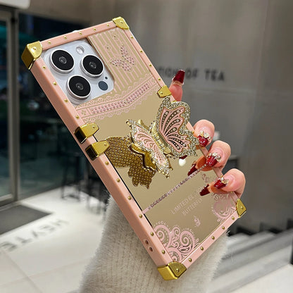 Luxury Diamond Butterfly Bracket Stand Phone Case For iPhone 16 15 Pro Max 14 13 12 11 Mirror Shockproof Protection Bumper Cover