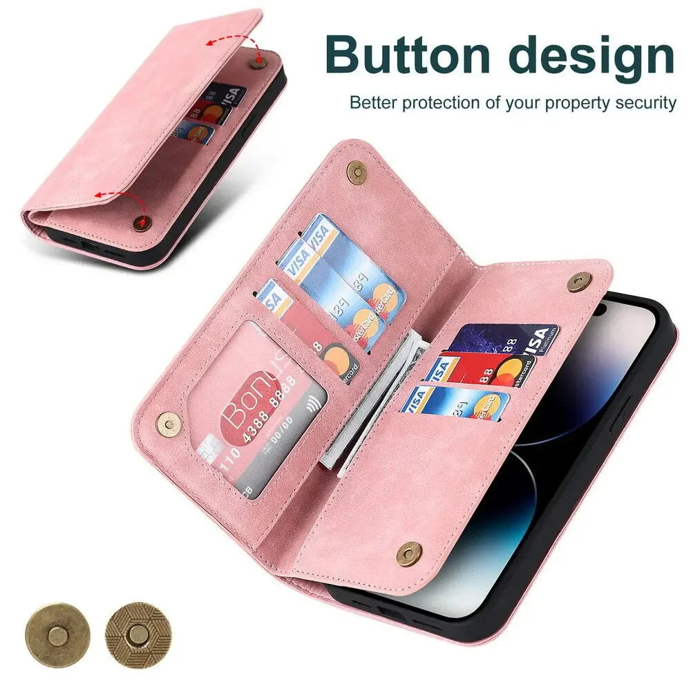 For iPhone 12 13 14 15 Pro Max 14 Plus 13Mini Flip Leather Wallet Card Slot MagSafe Charging Case Cover