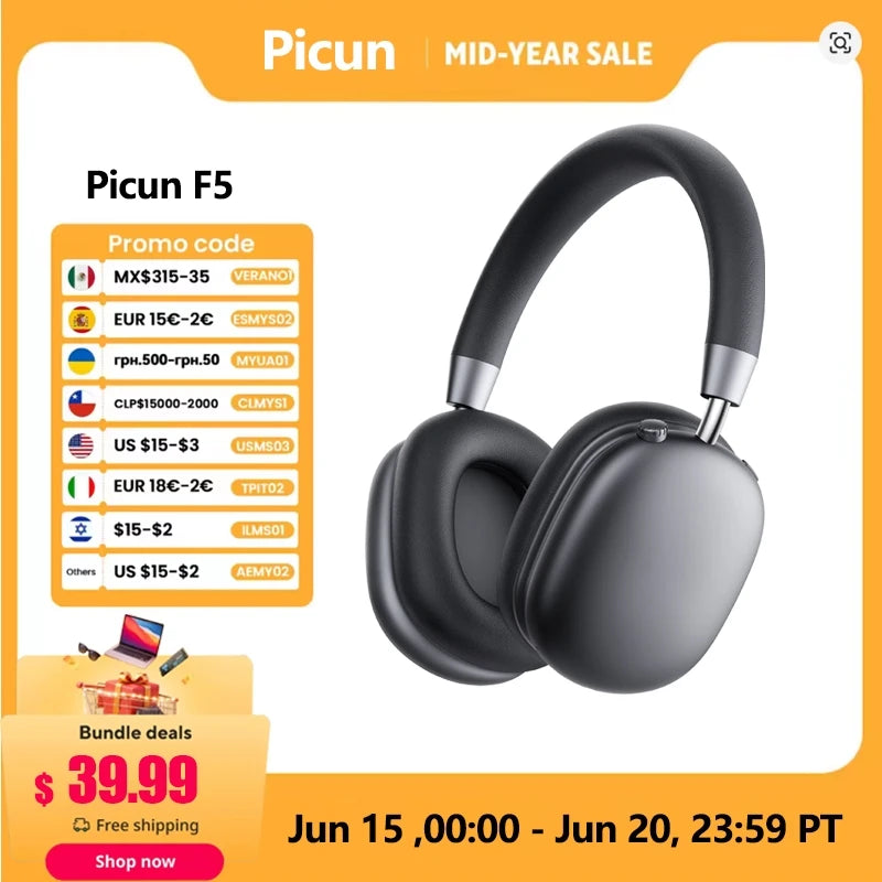 Picun F5 ANC Wireless Bluetooth 5.3 Headphones Hi-Res Audio Over Ear Headset 25dB Adaptive Noise Cancellation Earphones 50H