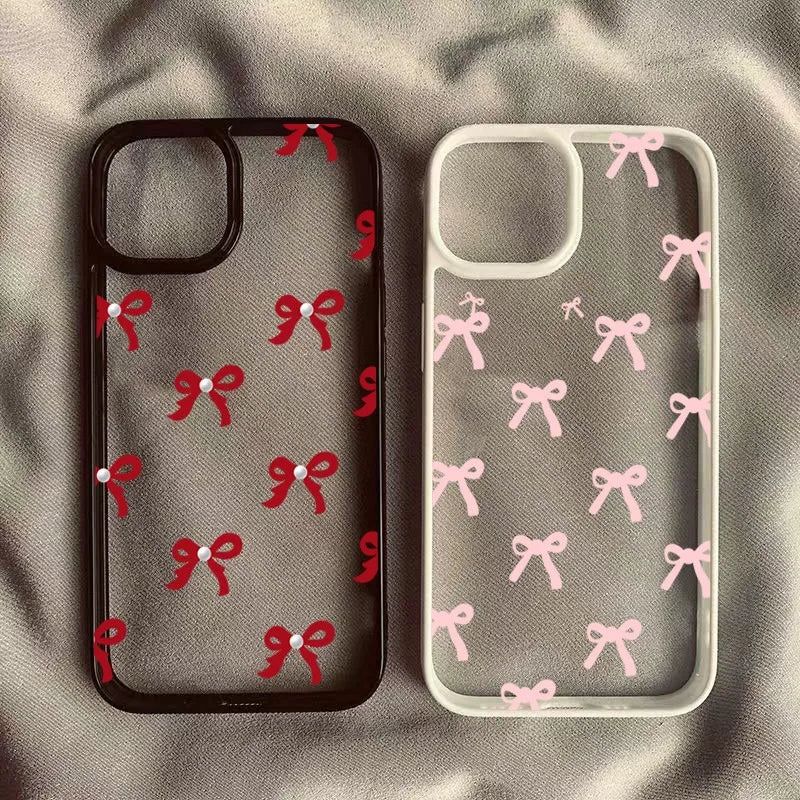 Fashionable Red Pink Bow Phone Case For IPhone 16 15 Pro Max Plus 14 13 12 11 Pro Max XR X XS Max 7 8 Plus SE Clear Cover Case