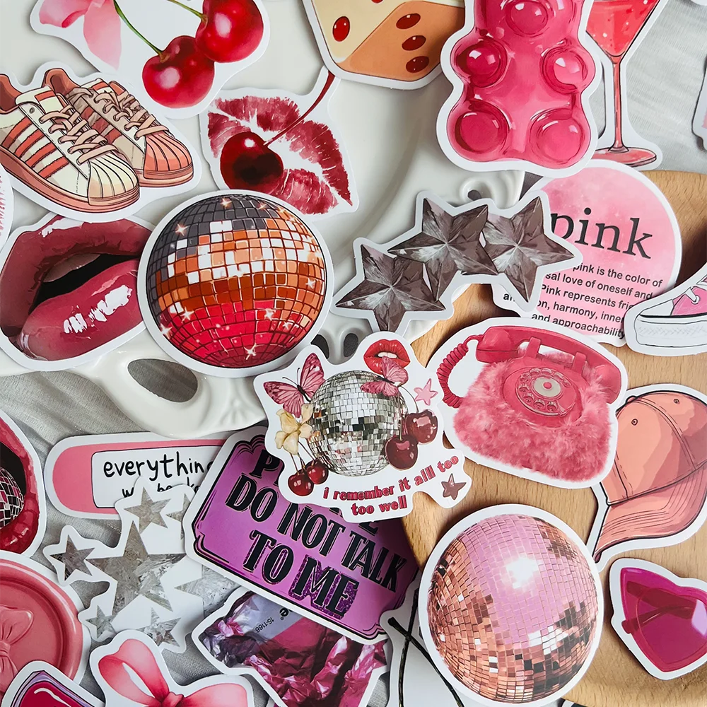 55pcs Pink Y2K Girl Stickers Waterproof PVC Gift Cartoon Decorations Scrapbook Notebook Bag Water Bottle Phone Case DIY Stickers