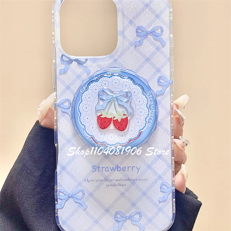 Korean Cute Cartoon Bowknot Strawberry Magnetic Holder Phone Stand Griptok Grip Tok Support For iPhone For Magsafe Accessories