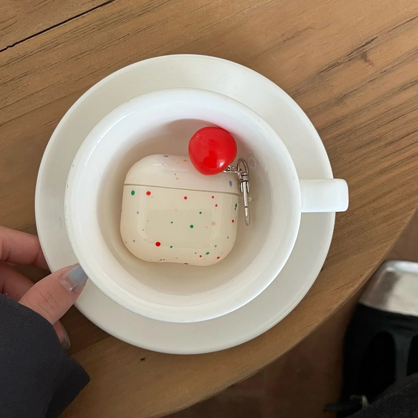 Korean Fashion Color Splash Ink Polka Dot Pure Color with Ring and Tomato Pendant Cover for AirPods 1 2 3 4 Pro 2 Pro 3