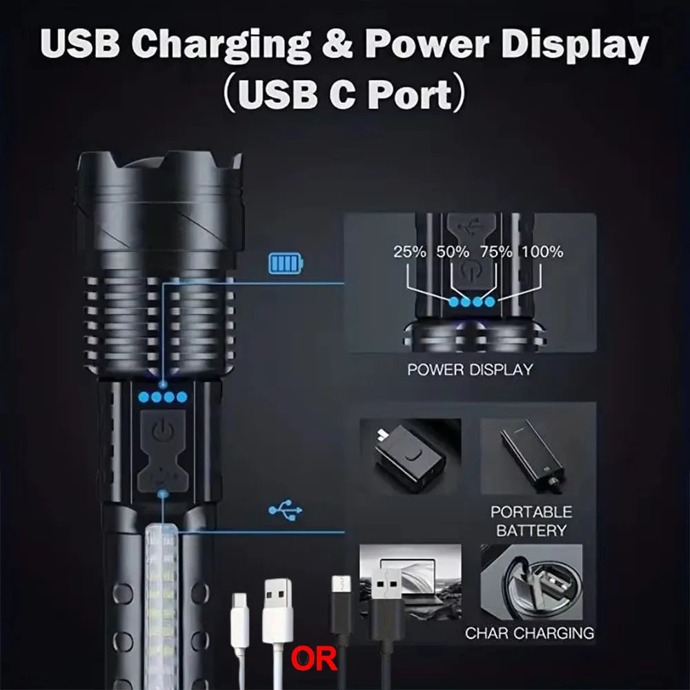 XHP50 20000LM Tactical Flashlight: Zoomable, USB Rechargeable, COB Side Light, Aluminum Alloy, Waterproof, Strike Bezel