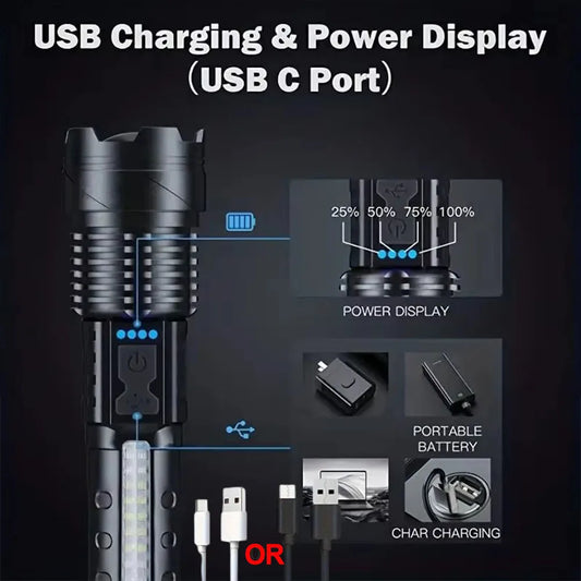 XHP50 20000LM Tactical Flashlight: Zoomable, USB Rechargeable, COB Side Light, Aluminum Alloy, Waterproof, Strike Bezel