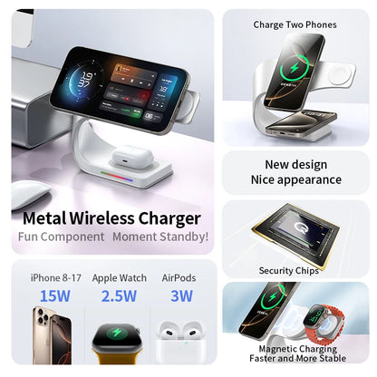 Qi 15W Magnetic Wireless Charger 4 in 1 Metal Shell 15W Fast Charging Station Stand for iPhone 12-17 Mobile Phones Airpods Watch