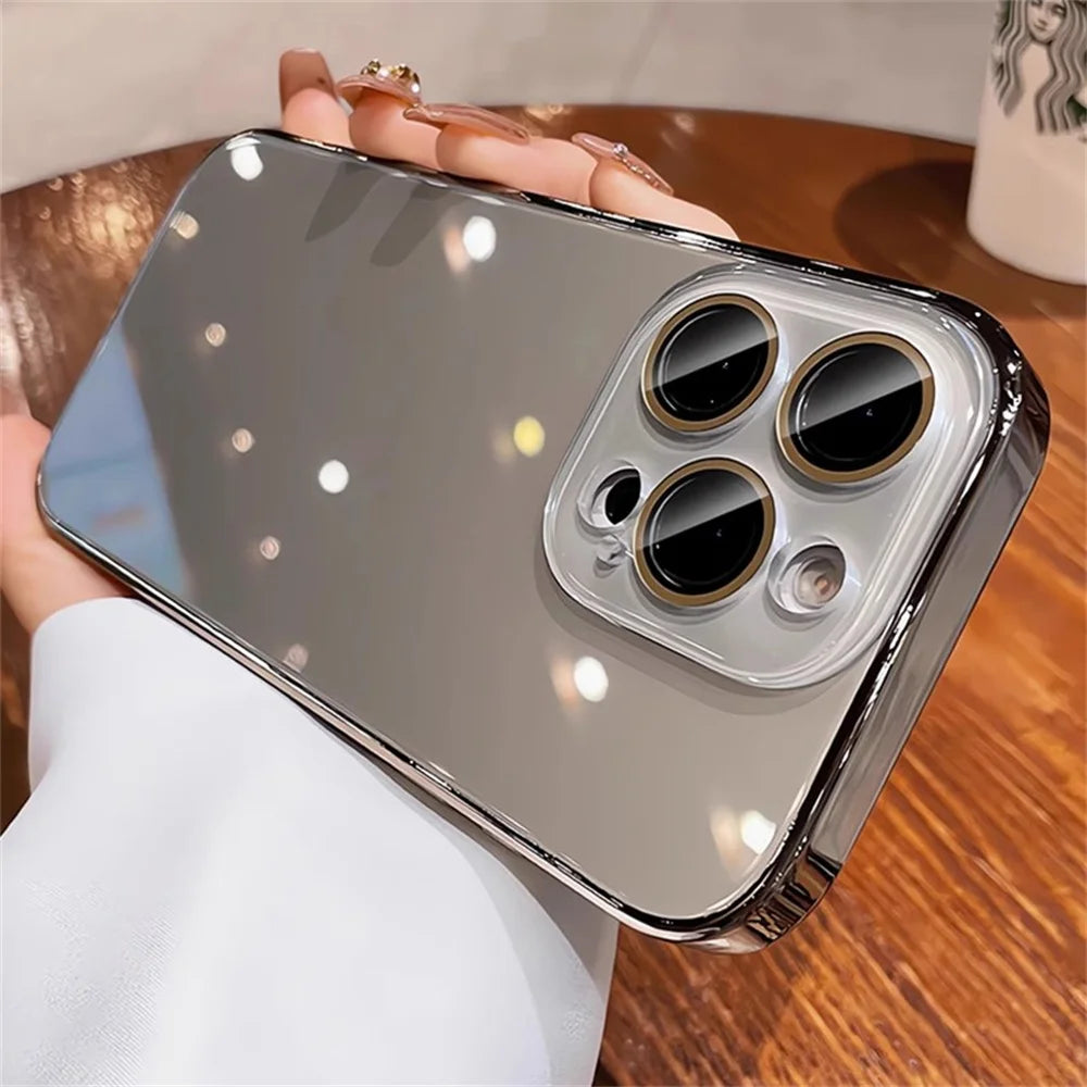 Luxury Plating Bumper Armor Glossy Case For iPhone 11 12 13 14 15 16 17 Pro Max Crystal Glass Lens Protection Hard Cover