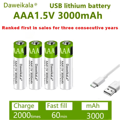 Fast charging 1.5VAAA lithium ion battery with 3000mah capacity and USB rechargeable lithium USB battery for toy keyboard