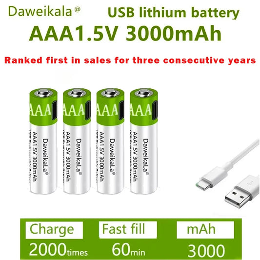 Fast charging 1.5VAAA lithium ion battery with 3000mah capacity and USB rechargeable lithium USB battery for toy keyboard