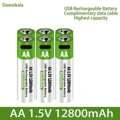 2024 New 1.5V AA USB Rechargeable Battery 12800 mAh Li-ion Battery for Remote Control Mouse Electric Toy Battery + Type-C Cable