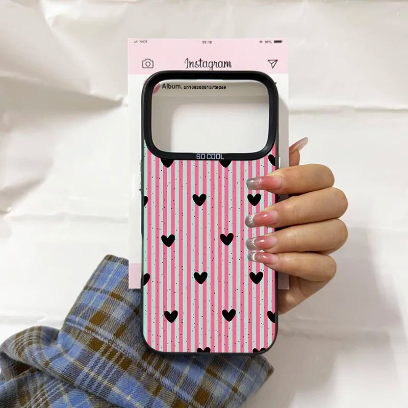Simple Cute Pink White Plaid Love Heart Phone Case For iPhone 17 Air 16 Pro MAX 14 Plus 15 13 11 12Mini Stripes Design IMD Cover