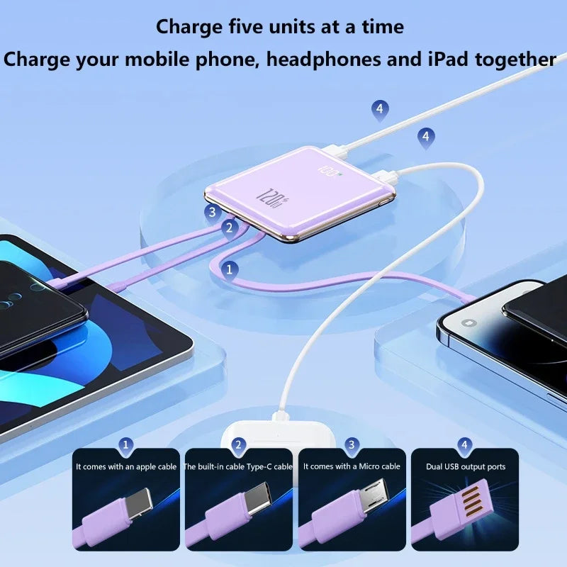 Lenovo 500000mAh Mini Power Bank Large Capacity Super Fast Charging External Battery Built-in 4 Cable For IPhone