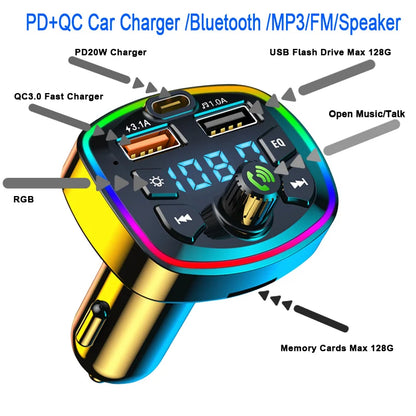 USB Car Charger Quick Charge Bluetooth 5.0 FM Transmitter  USB Type C 65W Car Fast Charging For iPhone 14 Samsung Xiaomi