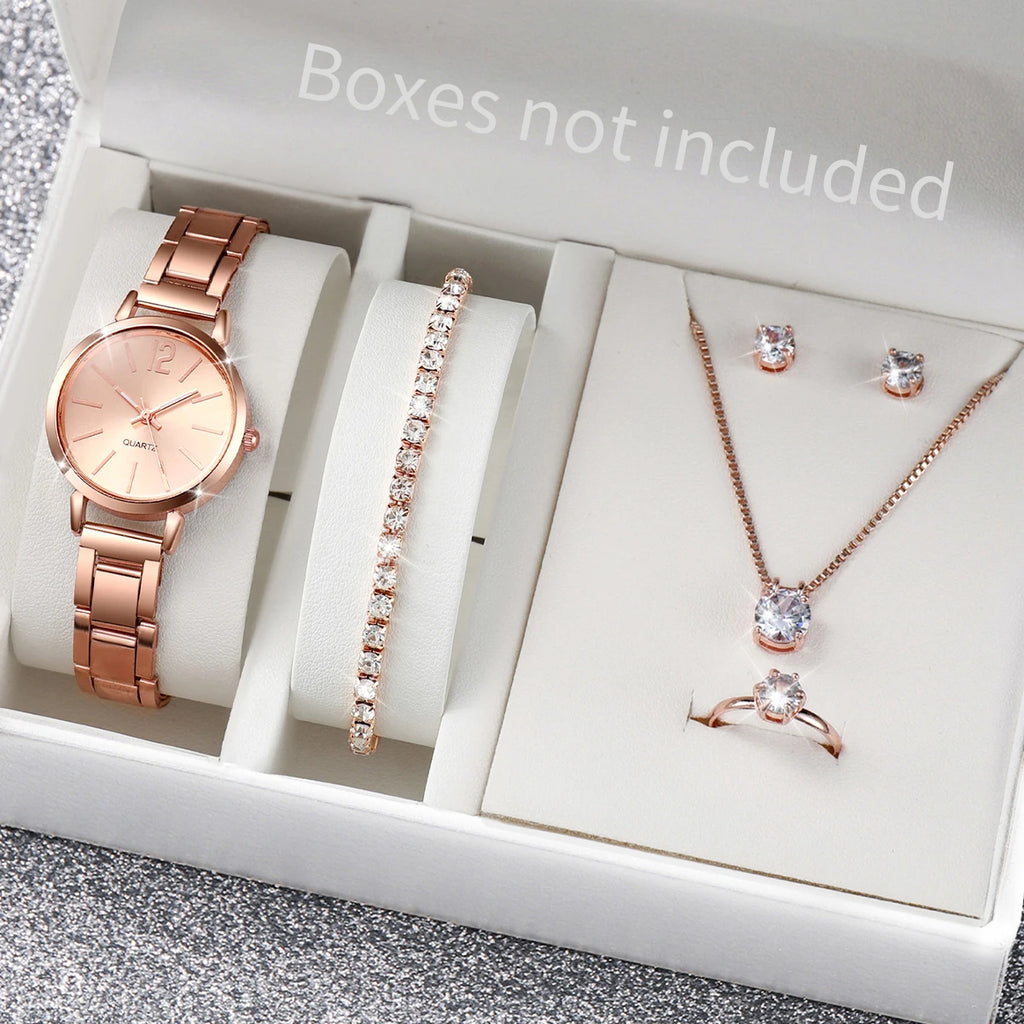 6PCS/Set Fashion Women's Quartz Watch Stainless Steel Band Wrist Watches Diamond Jewelry Set(Without Box)