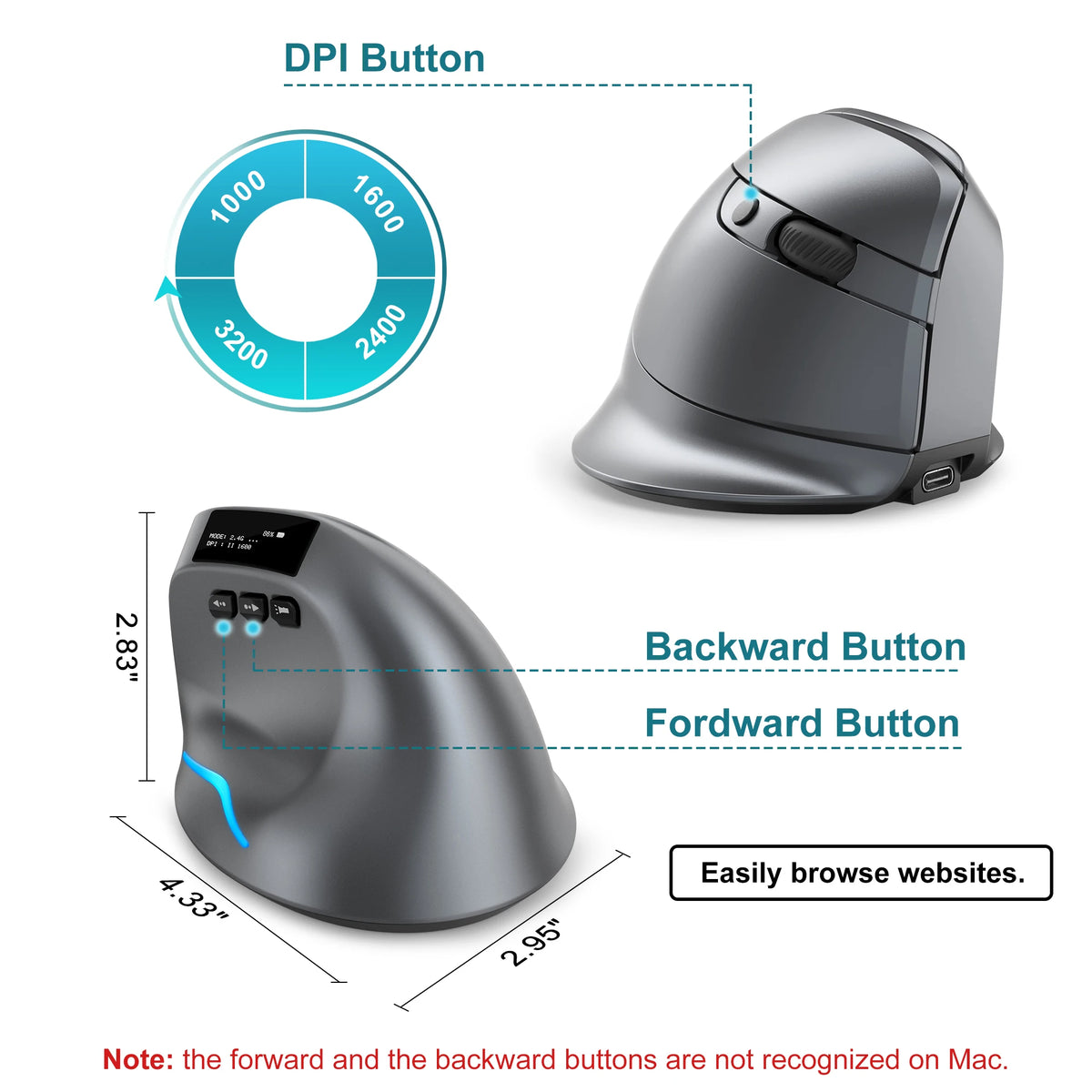 Lefon F26C Vertical Mouse Wireless with OLED Screen Bluetooth Ergonomic Mouse Optical Rechargeable Gaming Mice for PC Laptop