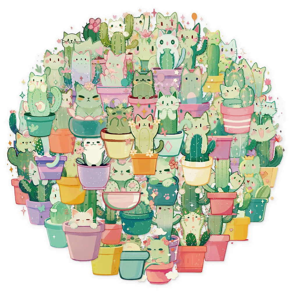 50PCS Cartoon Cute Cat Cactus Fun Sticker Pack DIY Phone Case Laptop Water Bottle Handbag PET Stickers