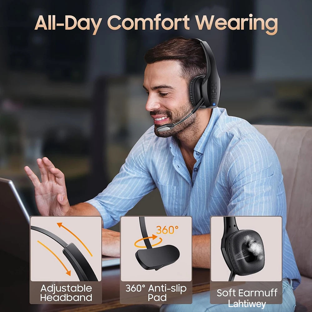 Noise Cancelling Trucker Bluetooth Headset with Microphone Wireless AI-Powered ENC Headphones 55H of Talk Time All-Day Comfort