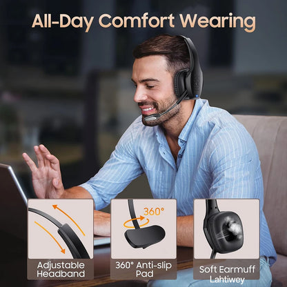 Noise Cancelling Trucker Bluetooth Headset with Microphone Wireless AI-Powered ENC Headphones 55H of Talk Time All-Day Comfort