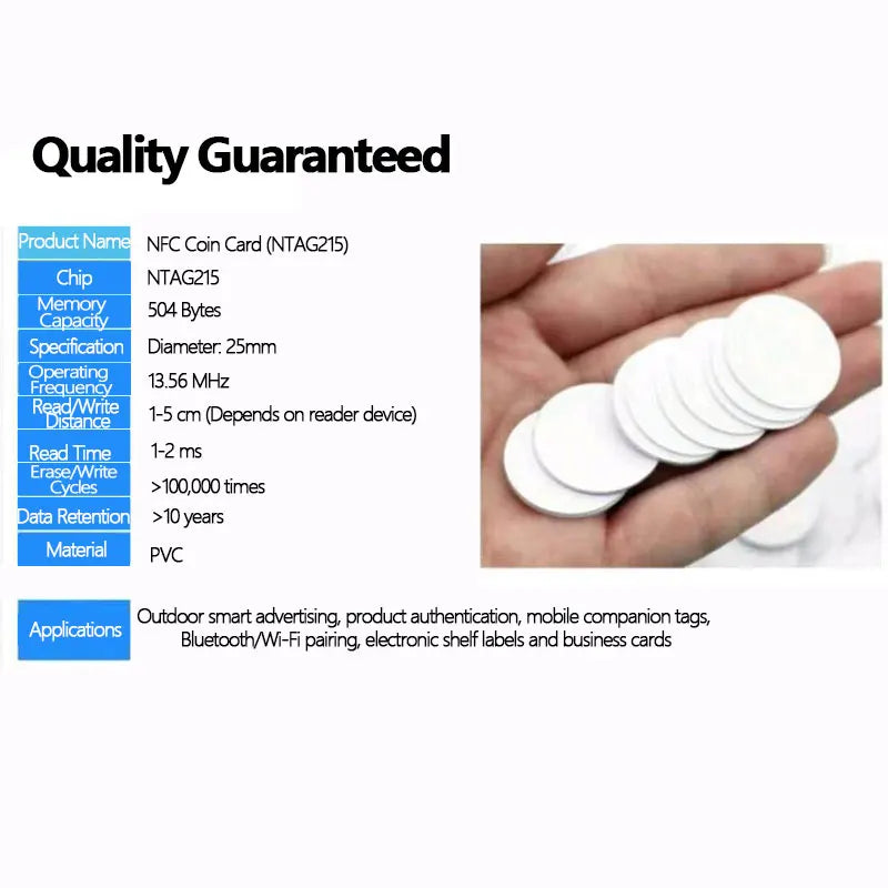NFC215 White Rewritable NTAG215 NFC Round Coin Cards 25mm, 13.56MHz 504 Bytes Smart Labels for NFC Phones & Games