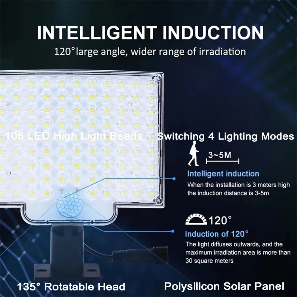 106LED Solar Outdoor Lights Motion Sensor Remote Wall Flood Lamp Security Waterproof Patio Garden Garage Fence Pathway Lighting