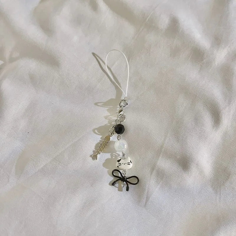 Cute cat bow ins keychain bag chain anti loss rope for iphone airpods phone lanyard cartoon bracelet